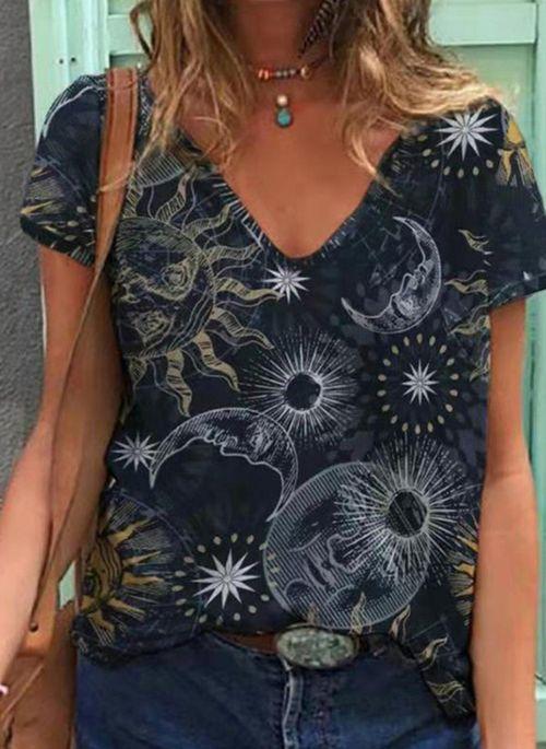 TP10280 Floral V Neckline Short Sleeve Casual T shirts