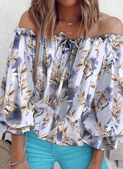 BL10379 Color Block Casual Off the Shoulder Long Sleeve Blouses
