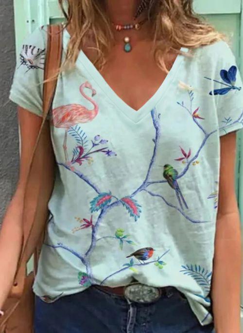 TP10288 Floral V Neckline Short Sleeve Casual T shirts