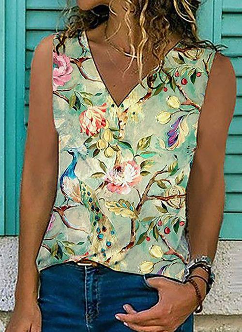 TK10120 Floral Casual V Neckline Sleeveless Blouses